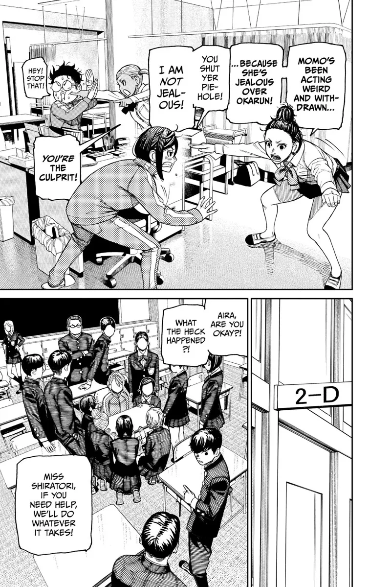 Momo confronts her friend, who is telling crazy stories. Aira is surrounded by her classmates, who are consoling her.