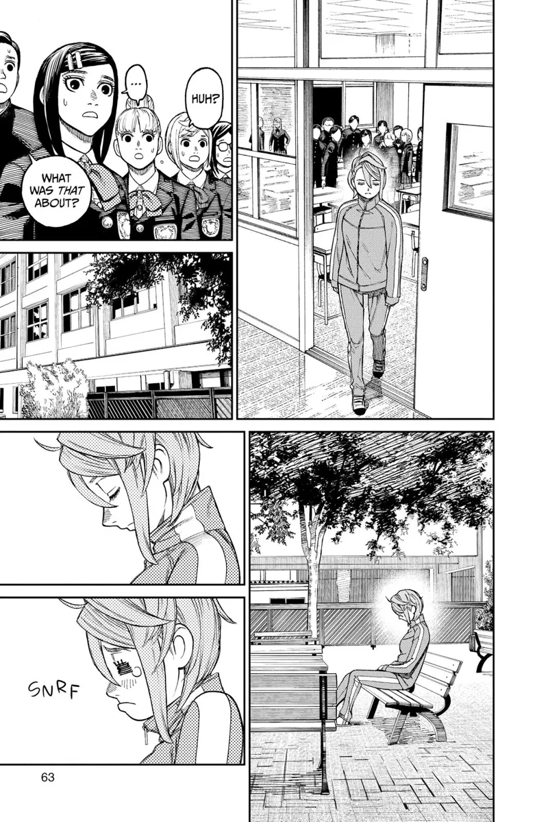 Aira walks out of her room and leaves her classmates. She goes out and sits on the bench.