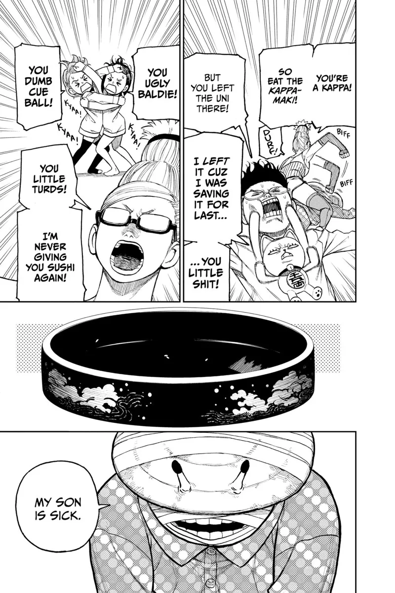 Momo fights Aira, Grandma fights the monster boxer Kappa, Turbo Granny fights Okarun—everything is because of food.