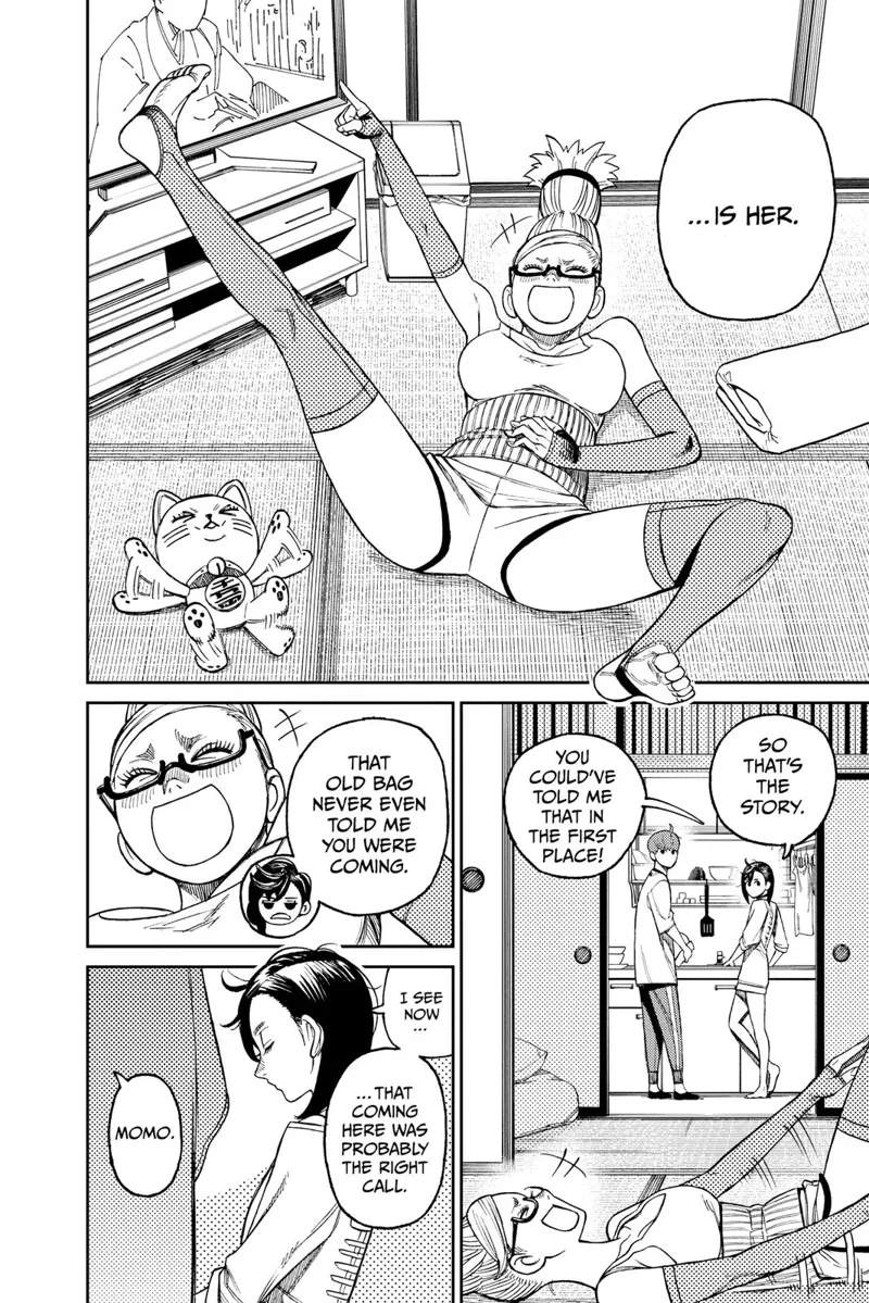 Turbo Granny and Grandma Seiko Ayase laugh on the floor while watching TV. Momo and Jiji wash the dishes.