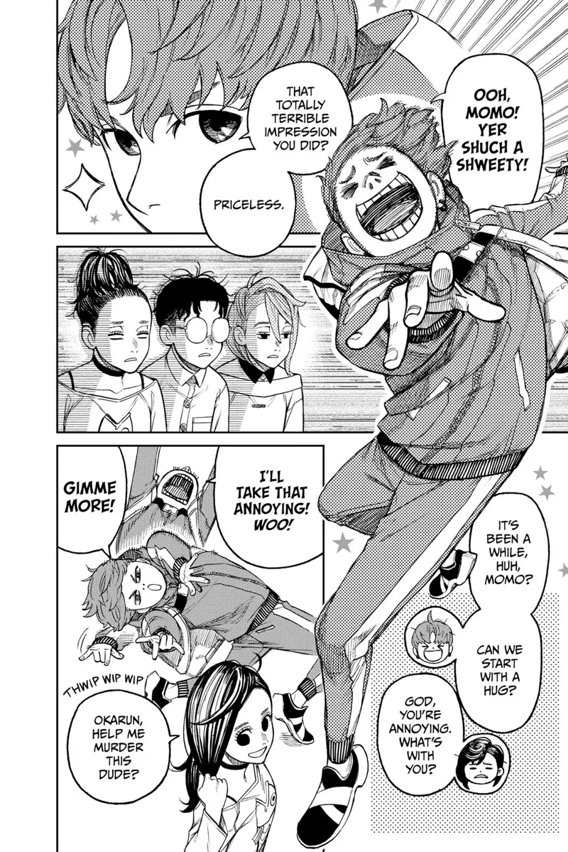 Jiji suddenly bursts into a goofy guy with an even goofier face, bending his body all over as he talks to Momo.