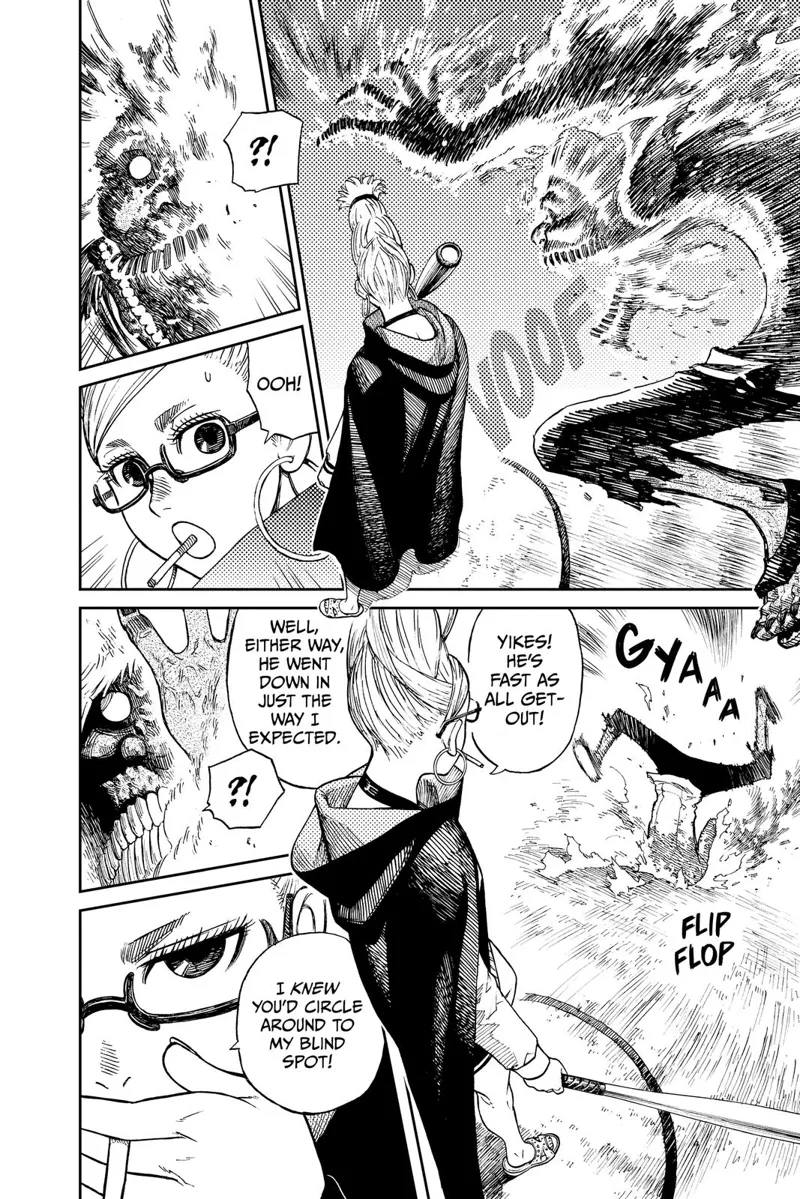 Cursed Okarun suddenly starts burning and moves back. The woman stands in a circle.