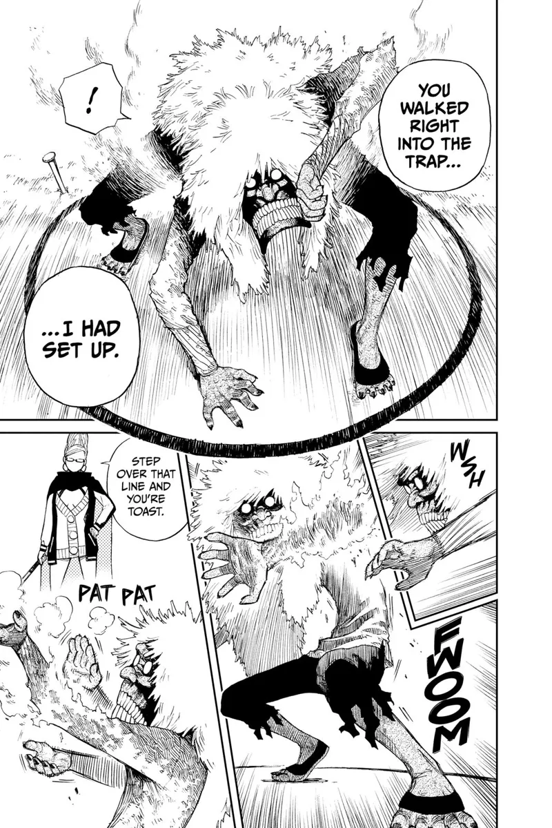 Cursed Okarun stands over a circle on the ground and starts burning after coming out of it. It's the woman's trap.