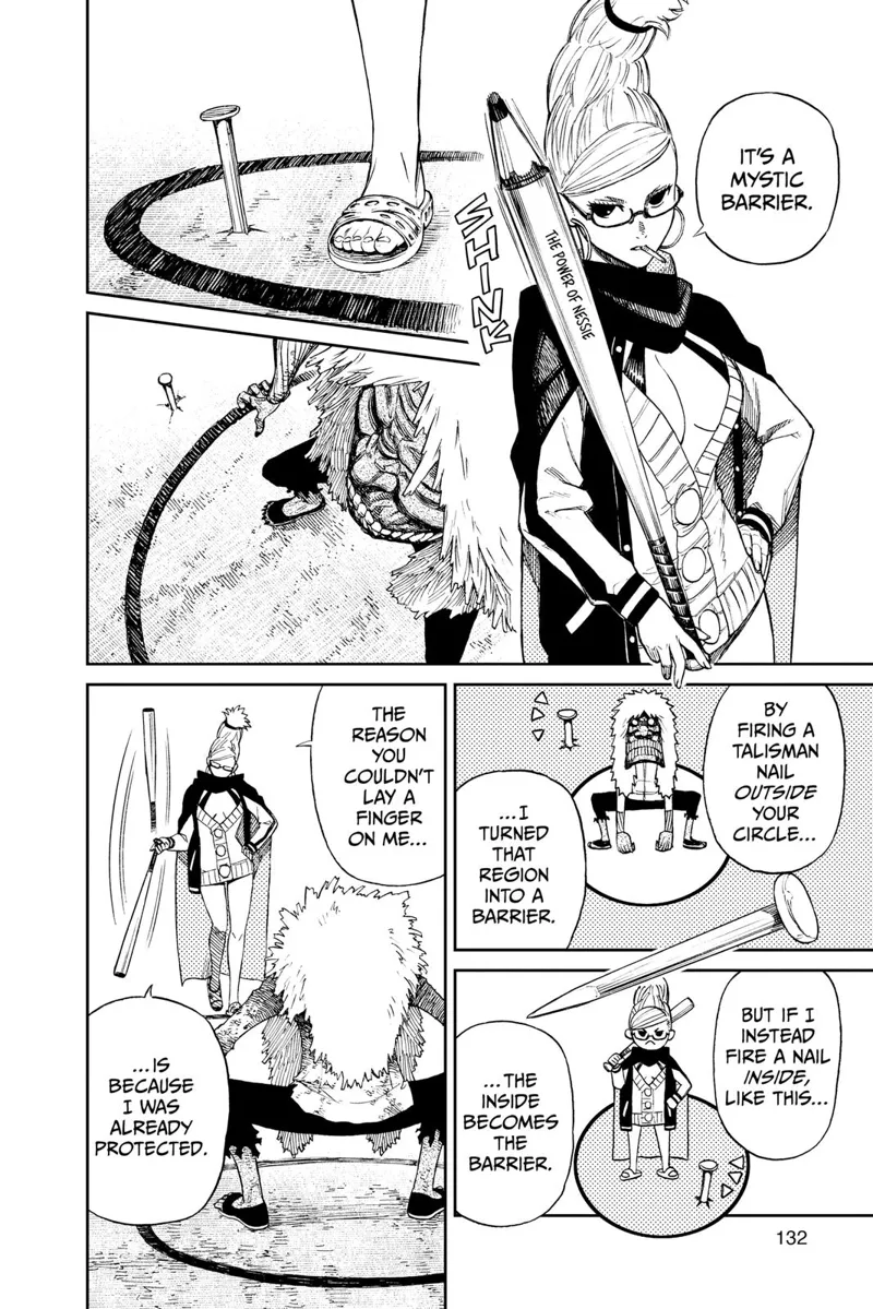 The woman stands on a circle with a nail inside it while cursed Okarun's circle has the nail outside.