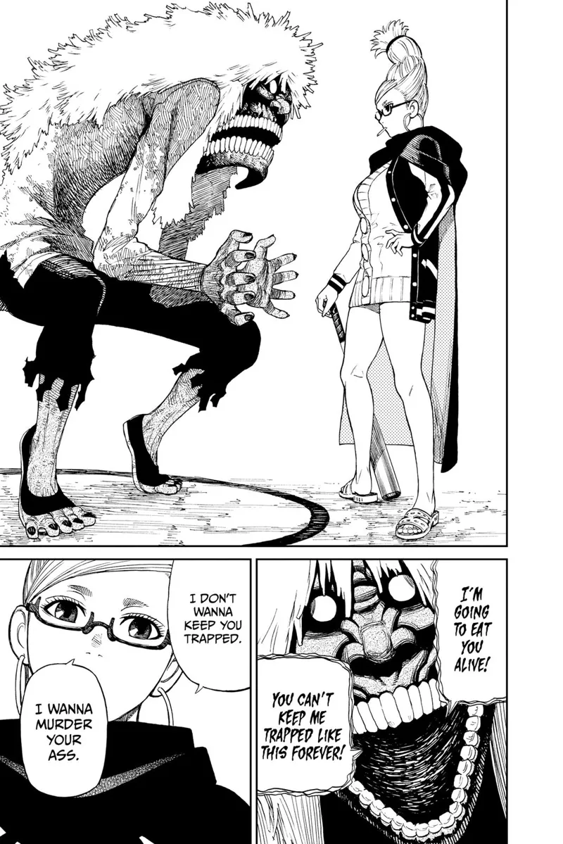 The woman stands in front of cursed Okarun. He gets angry, but the woman remains calm.