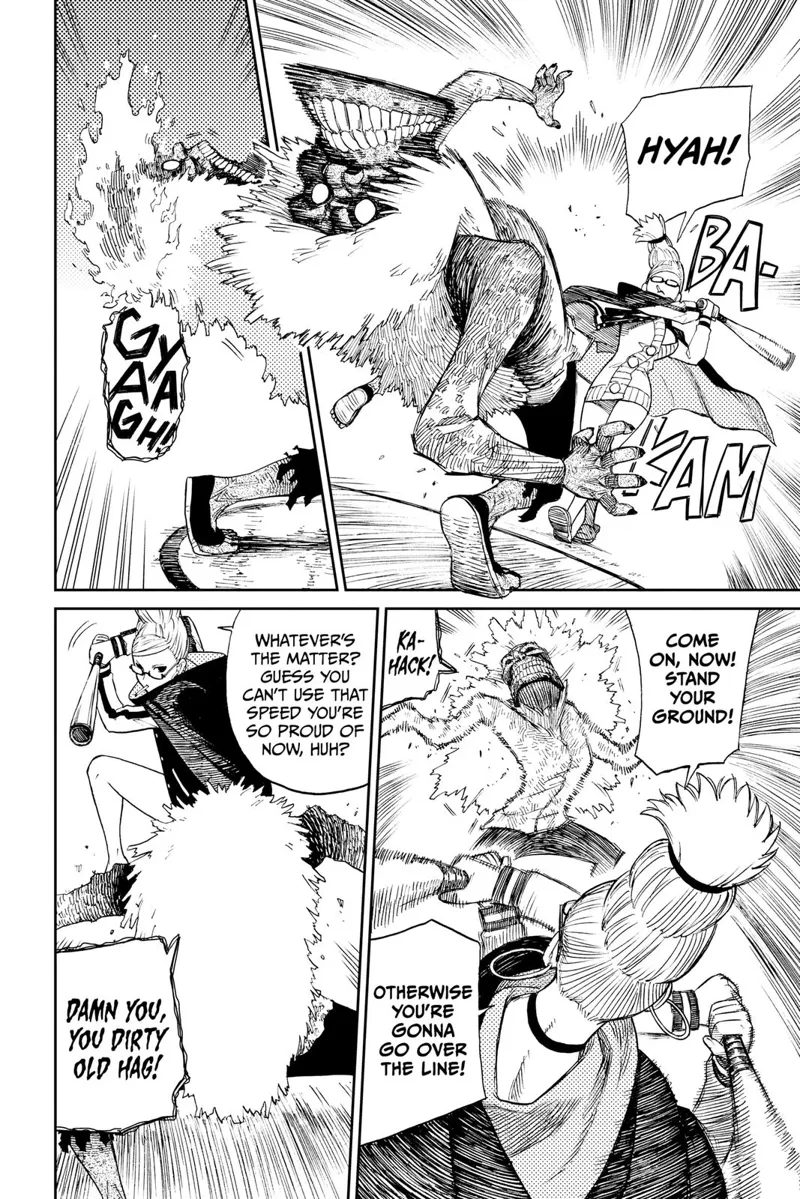 The woman beats cursed Okarun with her bat. Cursed Okarun burns his head after stepping outside the circle.