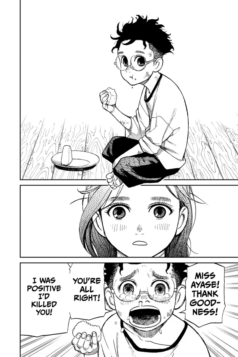 Ayase sees Okarun sitting on the floor and eating food. Okarun cries, thinking he thought he killed her.
