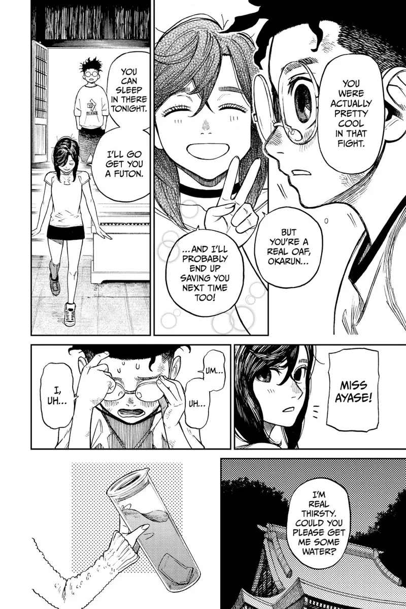 Miss Ayase walks away to get a futon. Okarun requests a glass of water when she returns.
