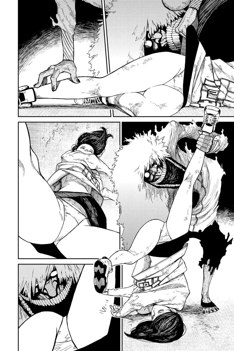Cursed Okarun grabs Ayase's arm and prepares to bite her crotch.