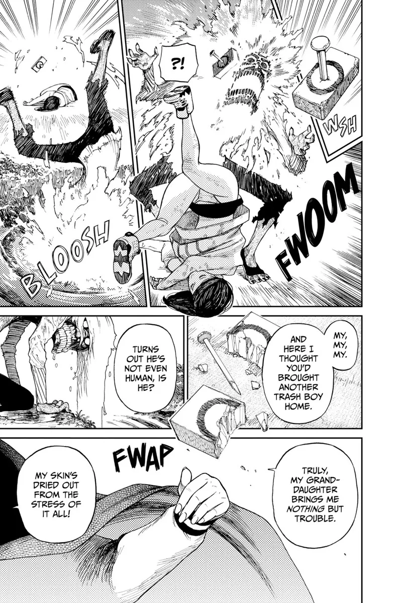 Suddenly, cursed Okarun gets hit by wood with a nail and burns. He jumps to the river and sees someone approaching.