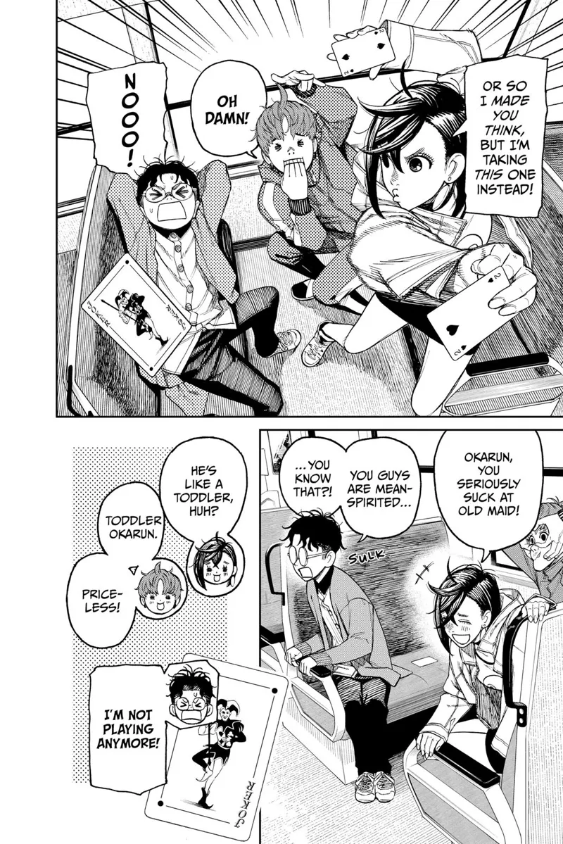 Momo, Okarun, and Jiji are playing cards, and Okarun loses the game.