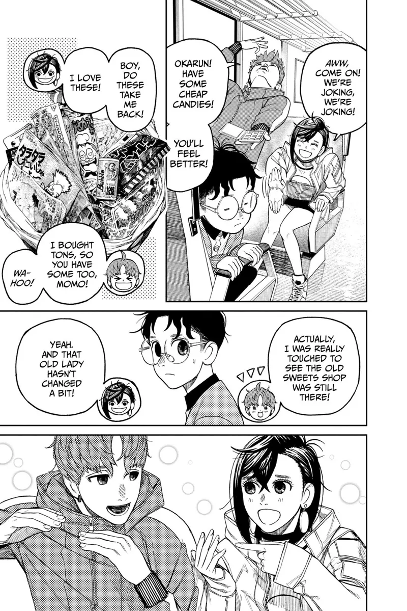Okarun watches Momo and Jiji share candy and discuss their childhood memories.