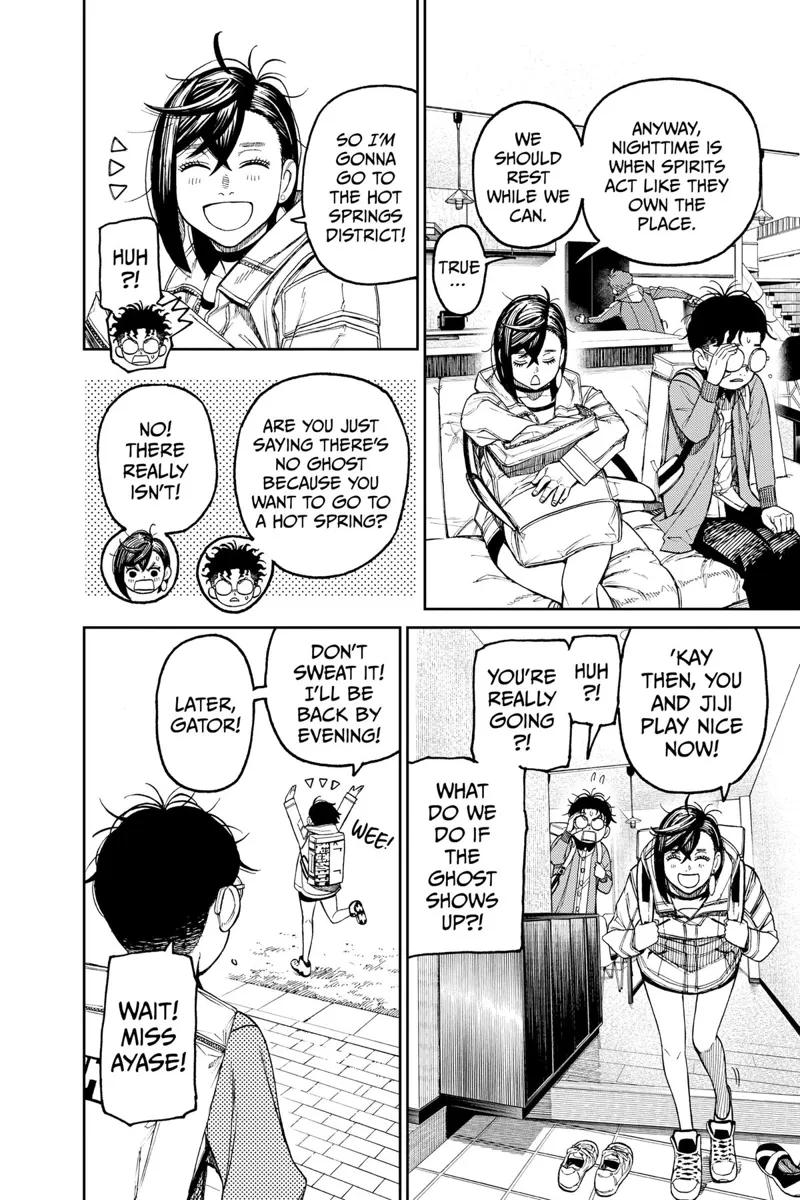 Okarun sits beside Momo. Momo says she will go to the Hot Springs District and be back by evening.