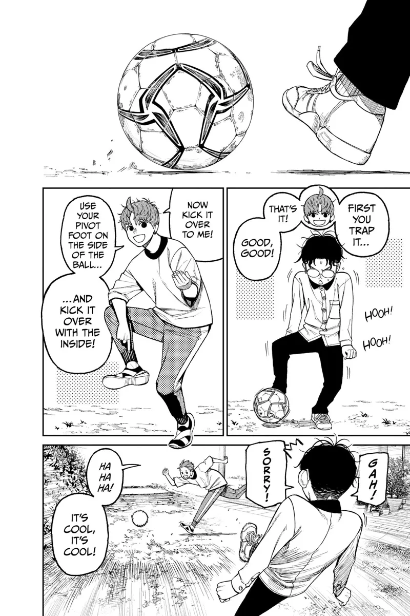 Jiji teaches Okarun to play soccer.