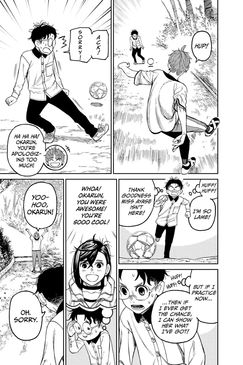 Jiji kicks the ball, and Okarun chases it.