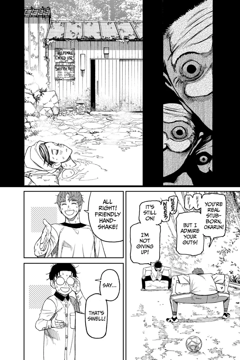 Some people peek at Momo bathing. Okarun and Jiji keep playing soccer.