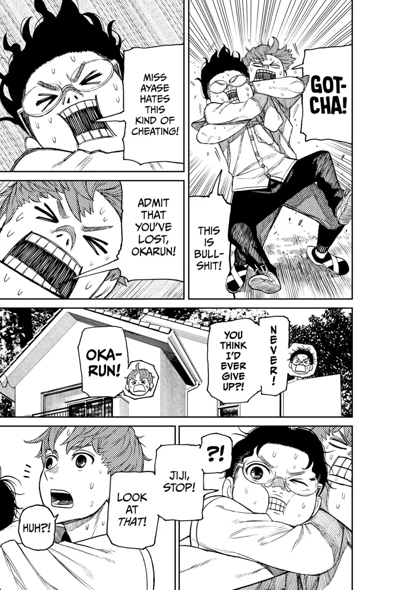 Jiji moves behind Okarun and playfully strangles him from behind using his elbow. They both sweat.