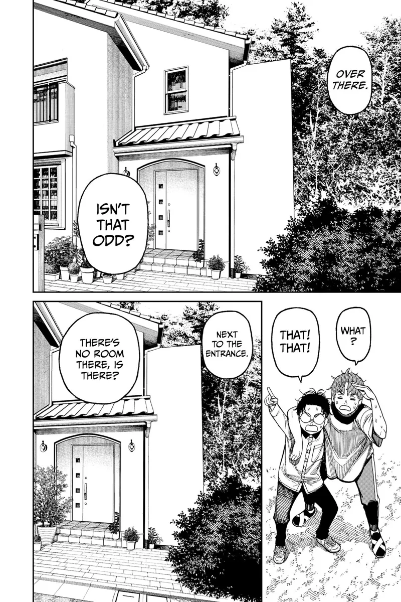 Okarun points to the house and asks Jiji if there is a room next to the entrance.