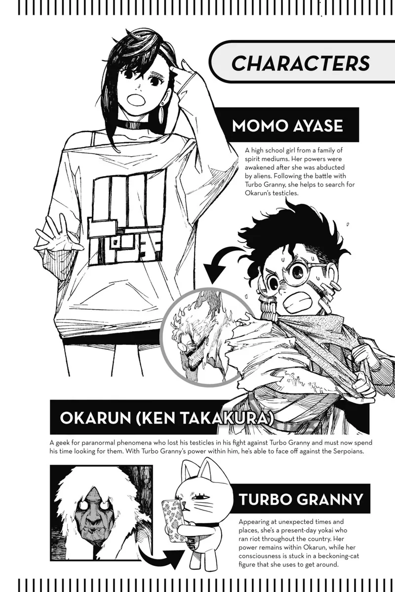 Character details of Momo Ayase, Okarun (Ken Takakura), and Turbo Granny.