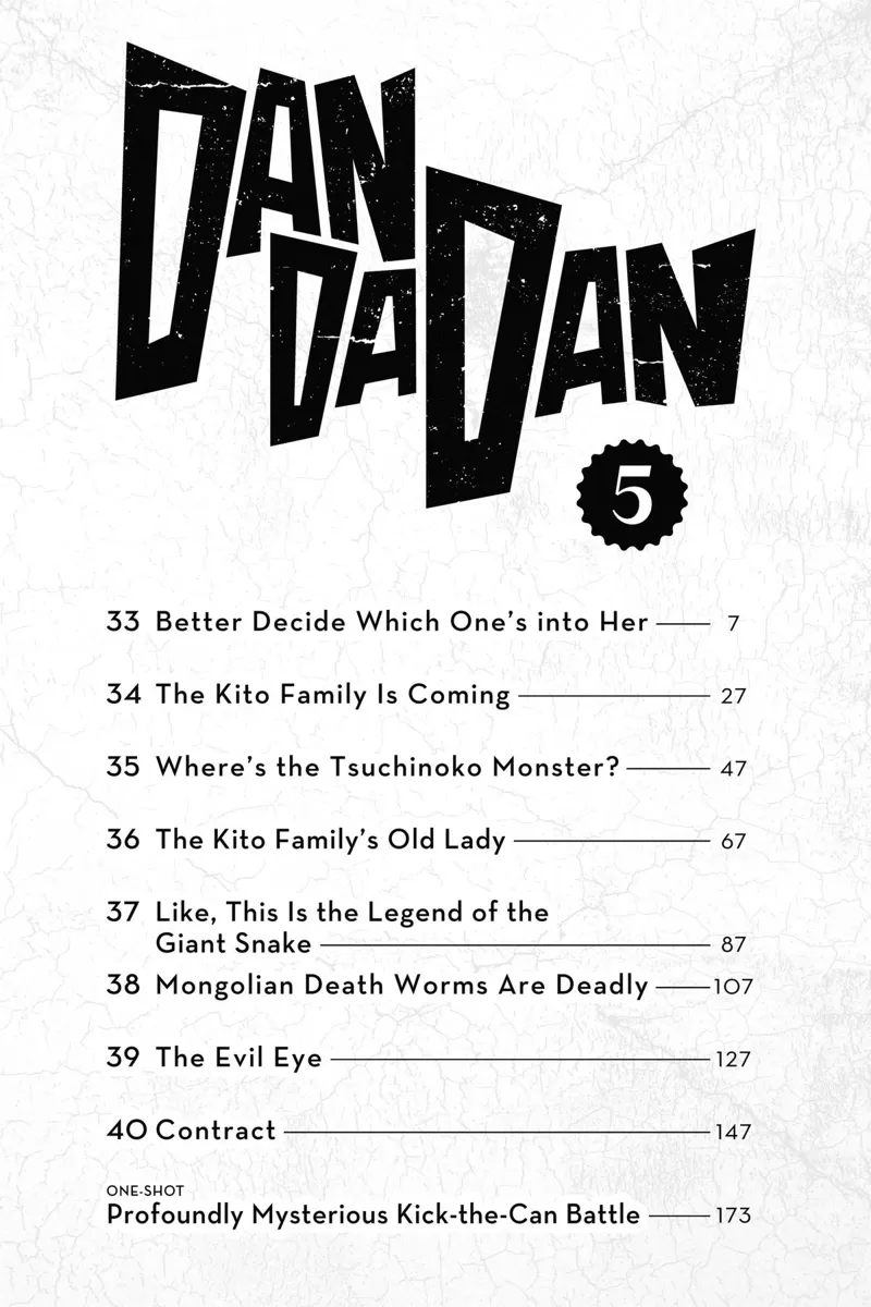 Dandadan list of chapters from chapters 33 to 40.