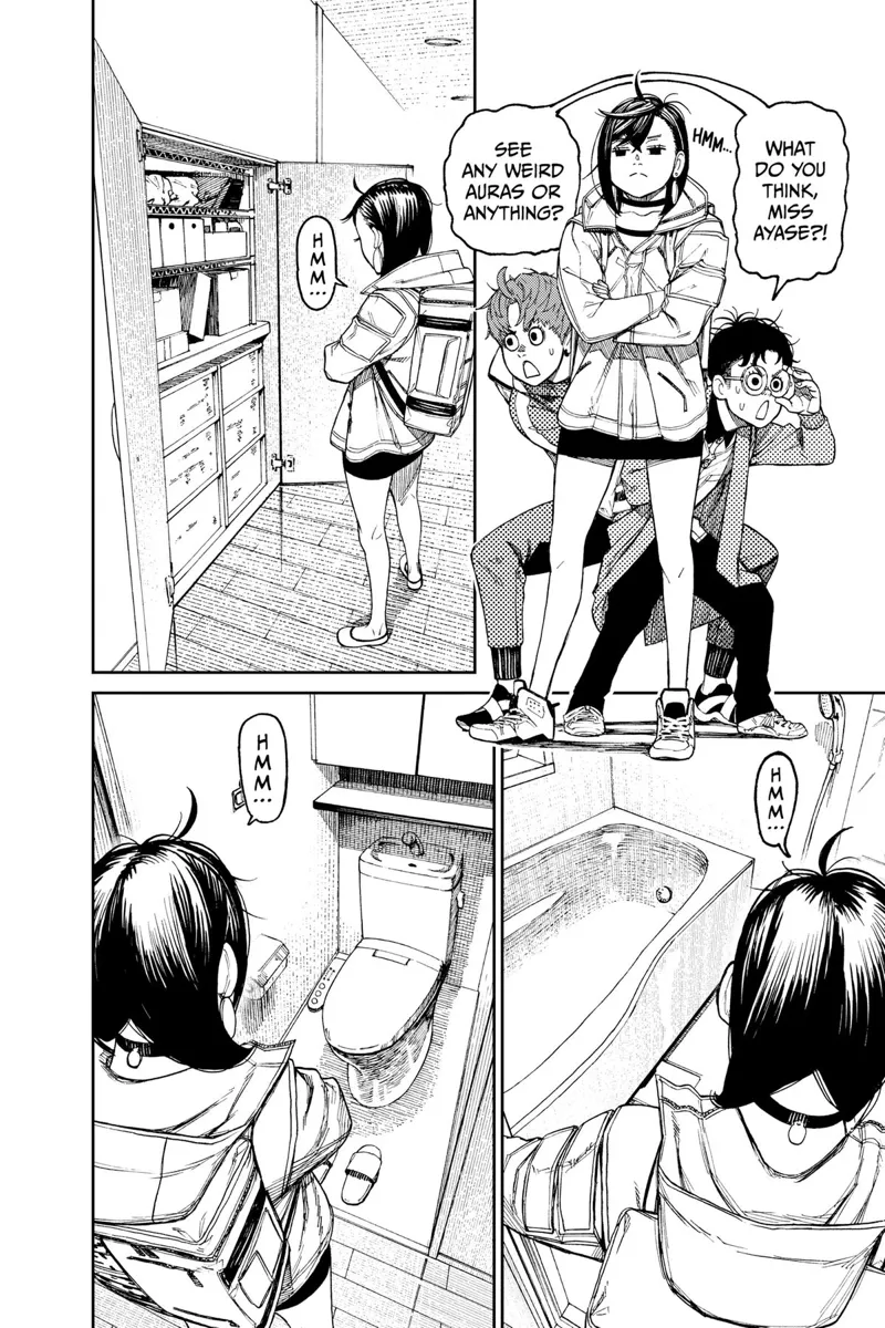 Okarun and Jiji hide behind Momo as she checks the lockers, bath tub, and toilet for ghosts.
