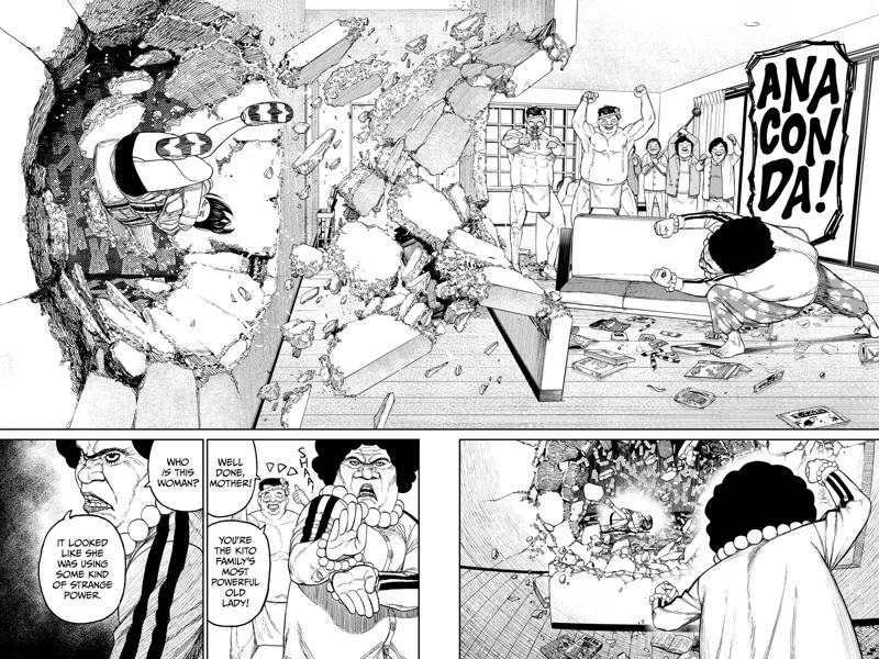 The Kito leader attacks Momo with a double punch and sends her smashing through the wall.