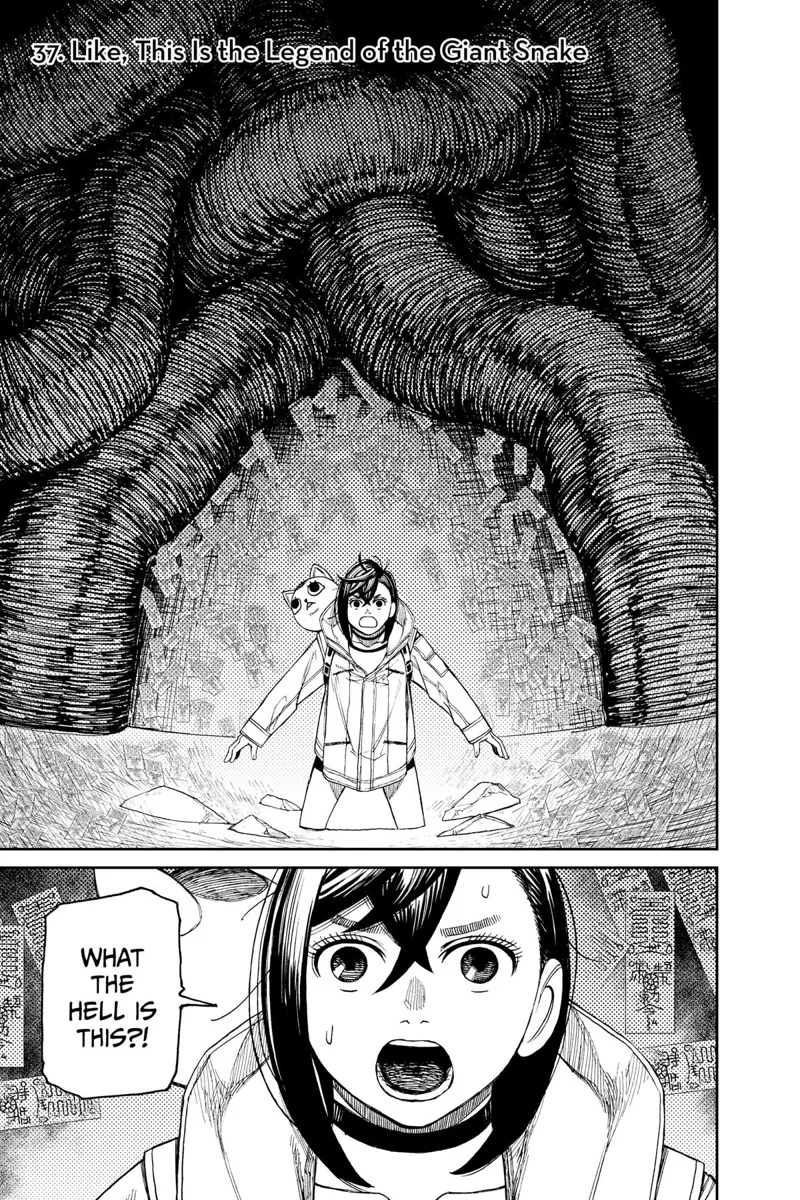 Momo sinks knee-deep to the ground as a huge monster starts forming behind her.