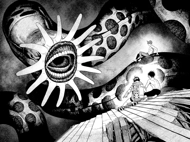 A huge worm with a big mouth and long dotted body appears, ready to eat Jiji.