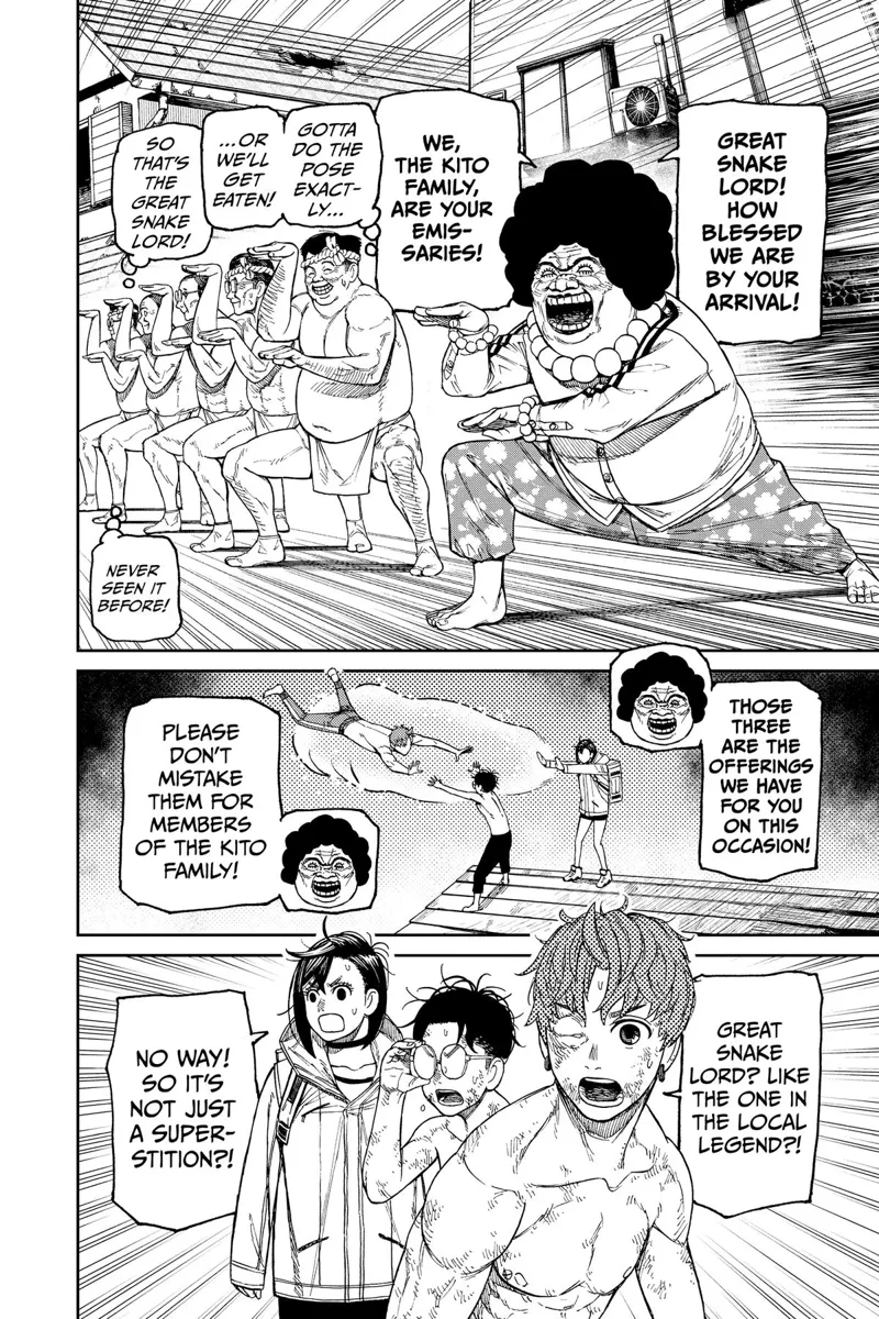The Kito Family poses so as not to get eaten by the huge Great Snake Lord. Momo and Okarun rescue Jiji.