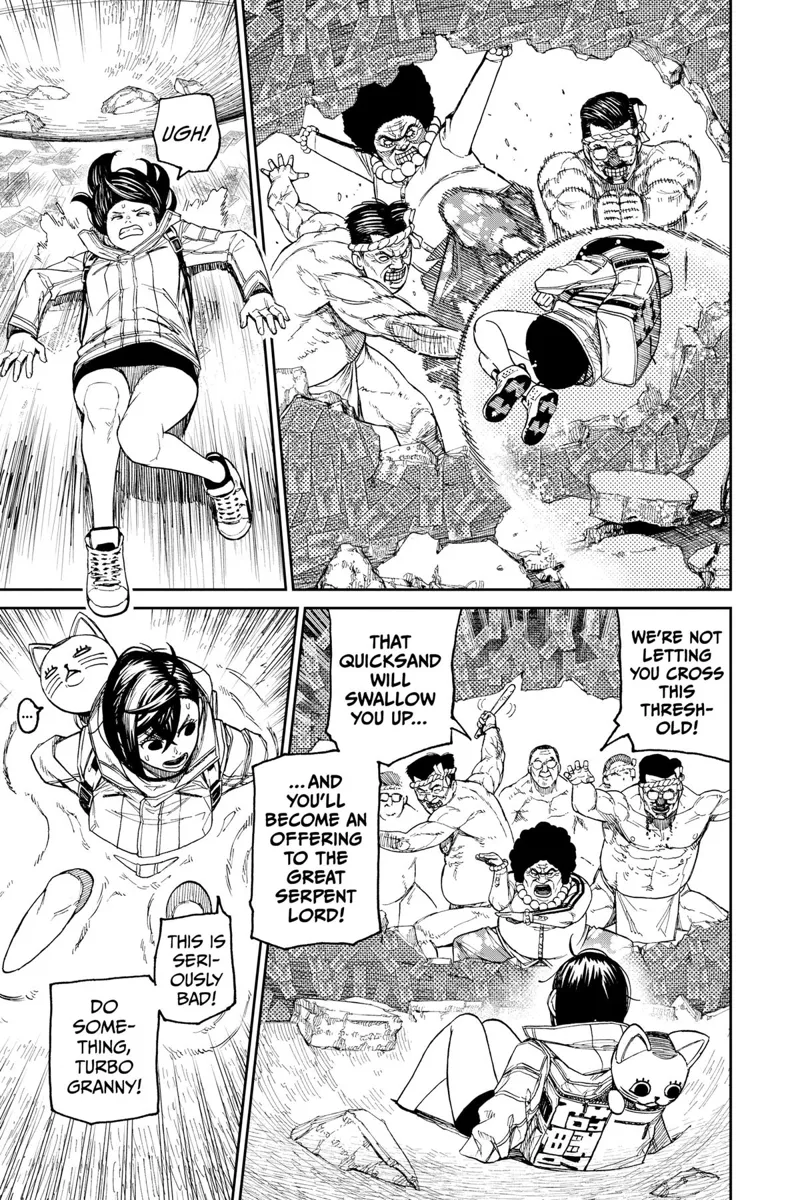 The two Kito guys and the old lady prevent her from leaving. Momo lies down as the ground starts swallowing her up.