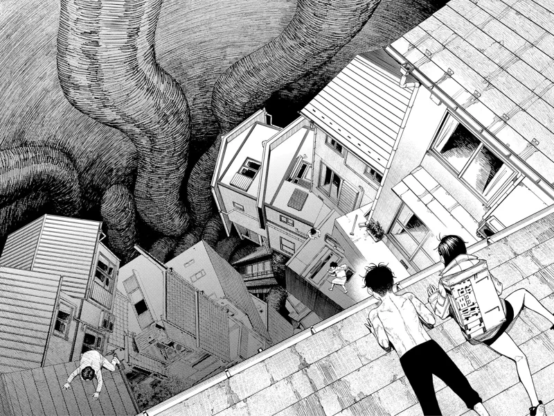 Momo and Okarun see houses getting swallowed, with a huge tentacle-like arm reaching from the bottom.