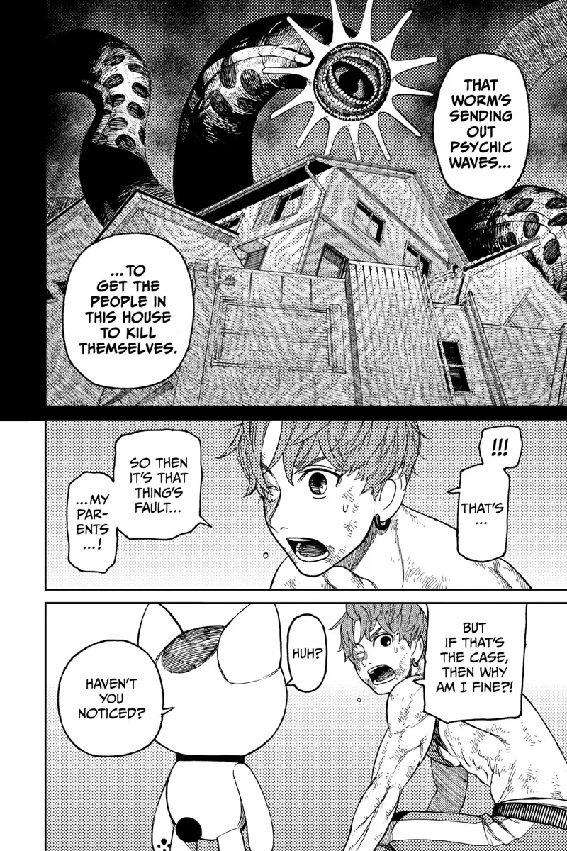 The huge monster snake Kuragari towers over the houses. Jiji asks why he isn't affected by the suicidal psychic waves.