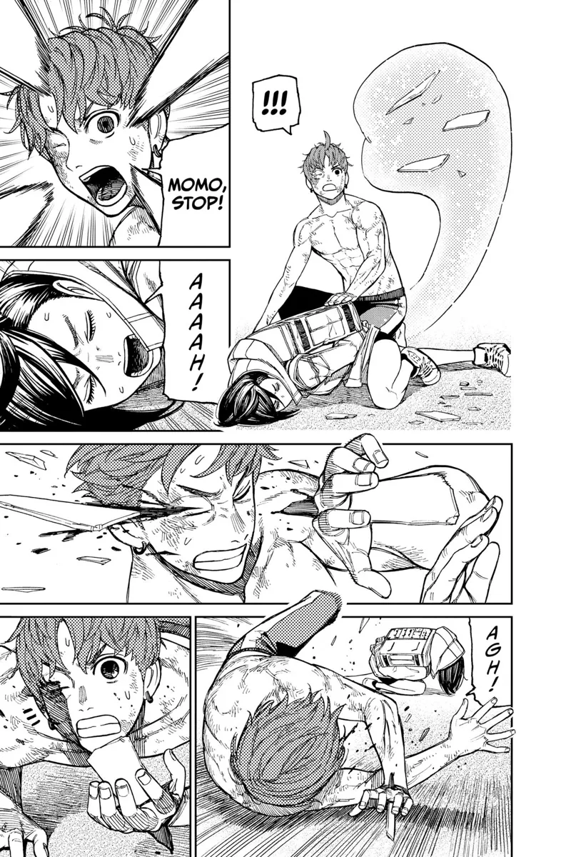 Jiji sees Momo picking up shards using her telekinetic powers and stabs Jiji.