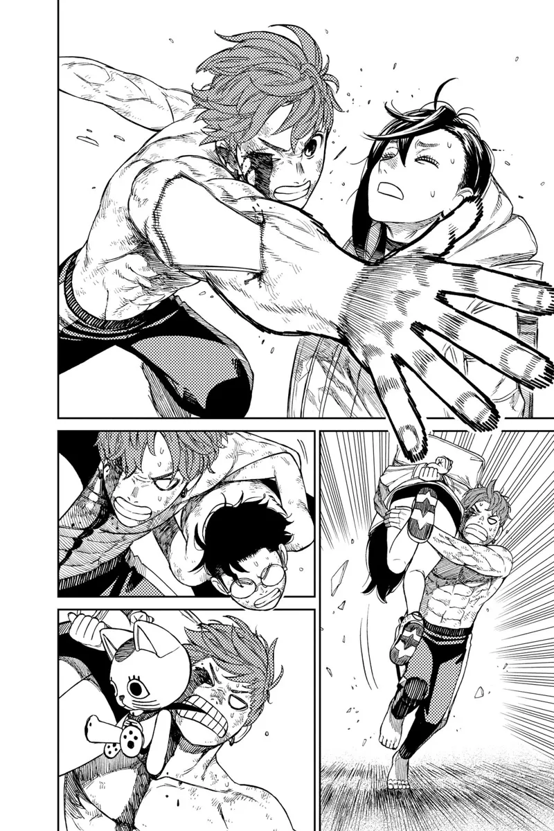 Jiji blocks the shard using his arm from hitting Momo. He picks them up and runs.