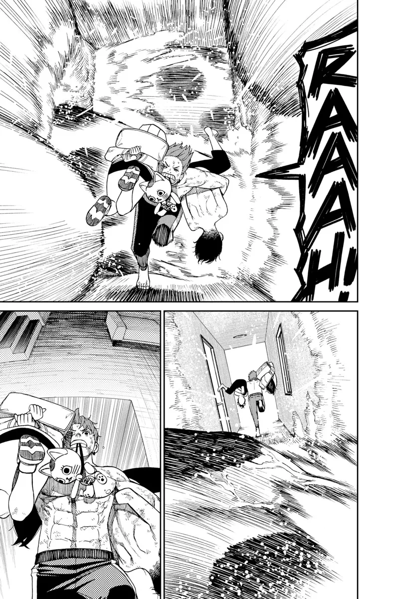 The Kuragari attacks behind him as he runs and reaches the door.