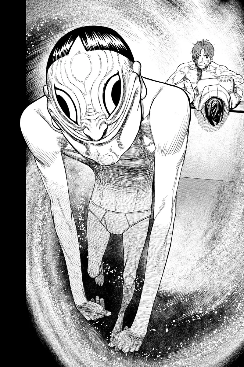 The creepy man wearing underwear with a distorted face appears before him, facing the Kuragari.