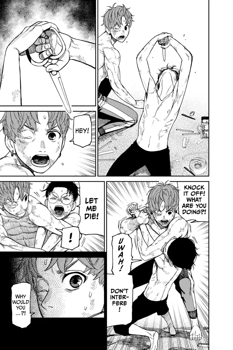 Jiji stops Okarun from stabbing himself with pointed scissors.