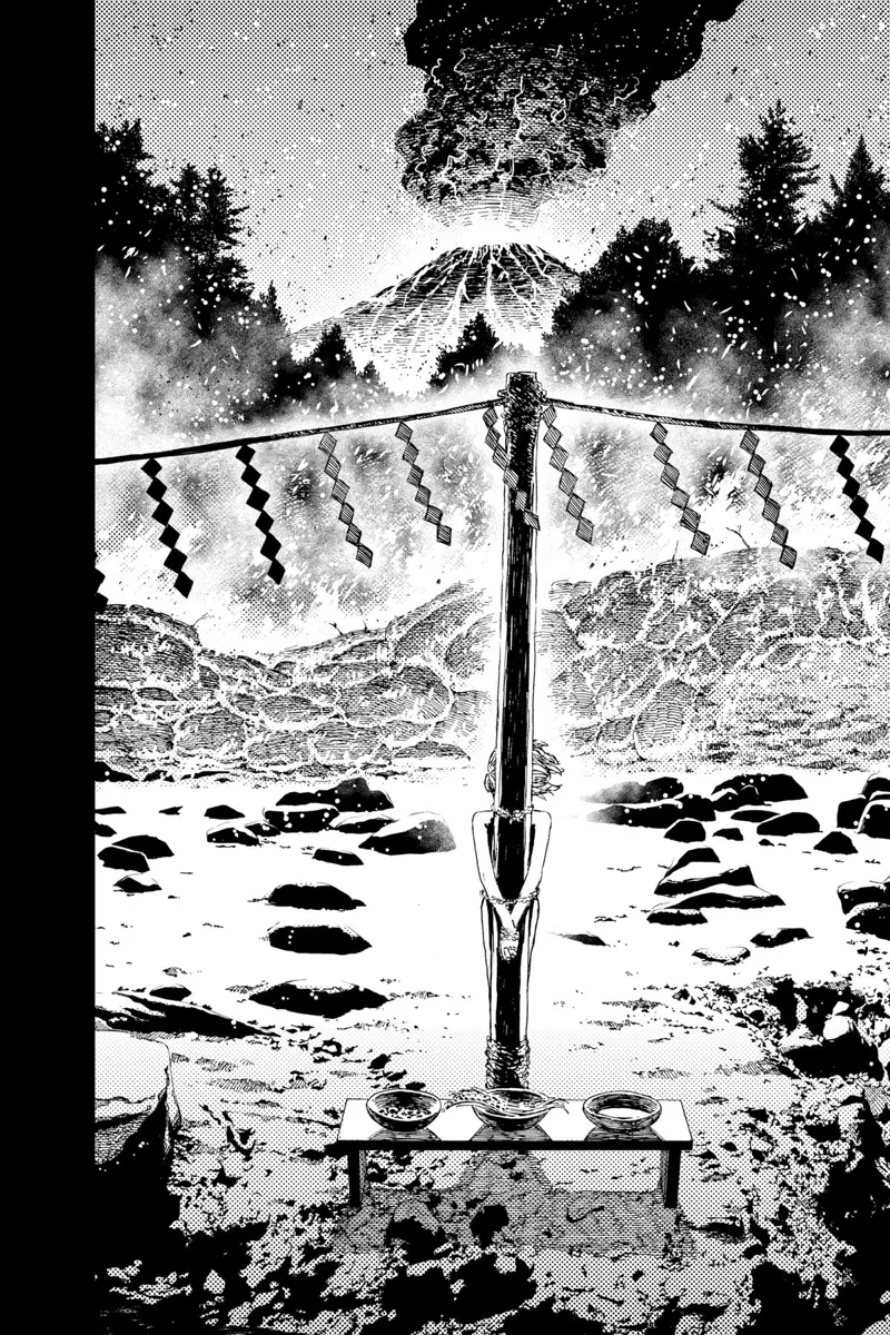 The boy is tied to a pole as a sacrifice while the volcano erupts.