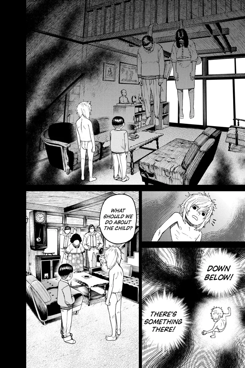 The kid sees his parents hanging, and the Kito family appears. The ghost boy notices something underneath.