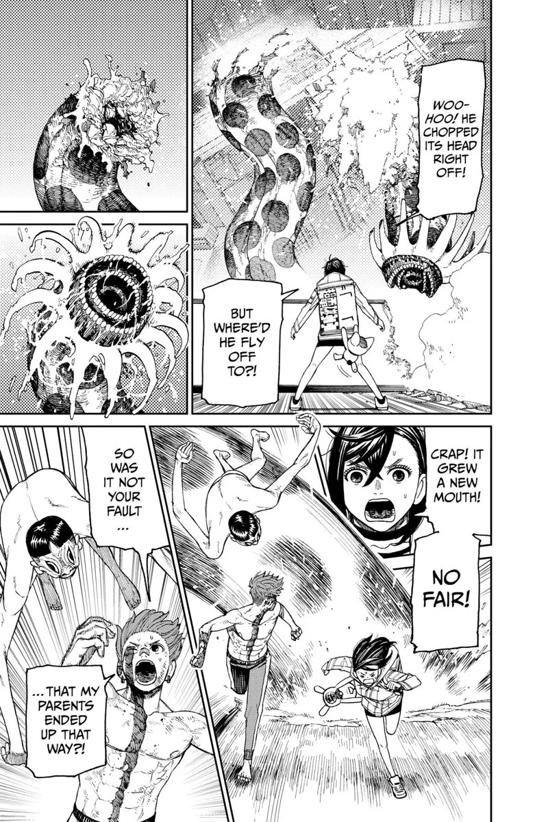 The severed head of the Kuragari grew a new mouth and attacked Jiji and Momo. They run with the Evil Eye.