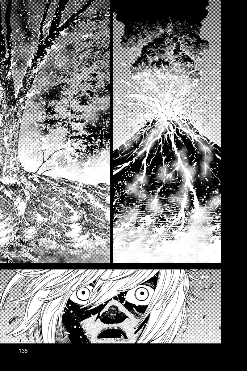 The volcano starts erupting, and its lava burns the trees. The thin kid sees it.