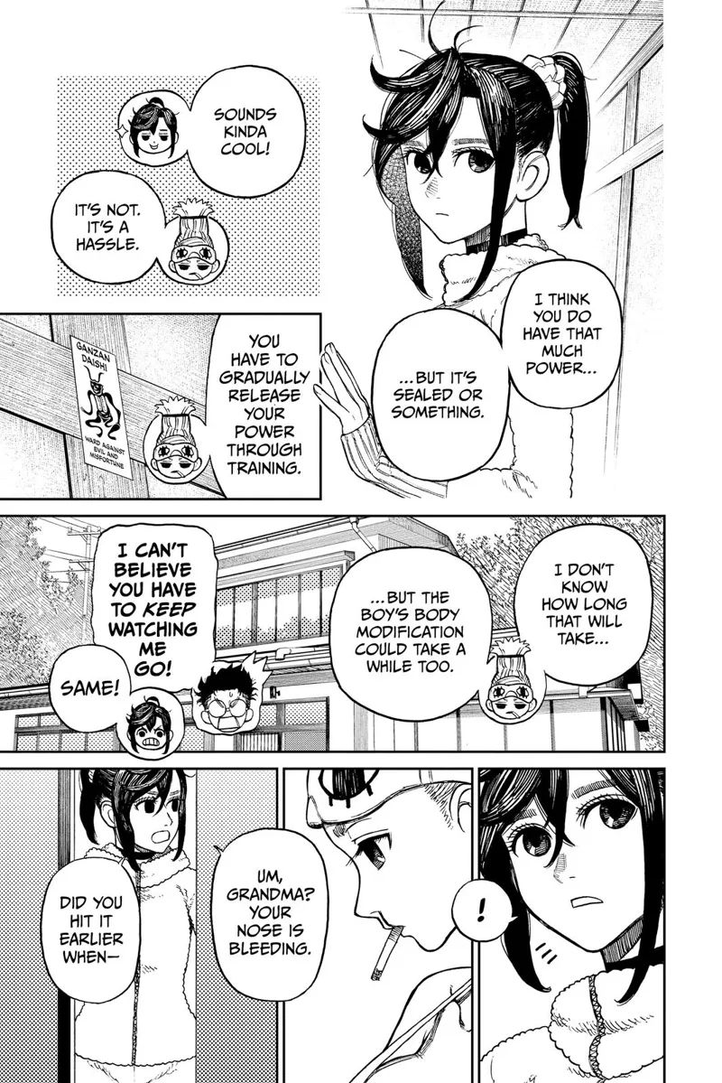Momo turns to her Grandma, who says she has a lot of latent power. She notices her nose bleeding.