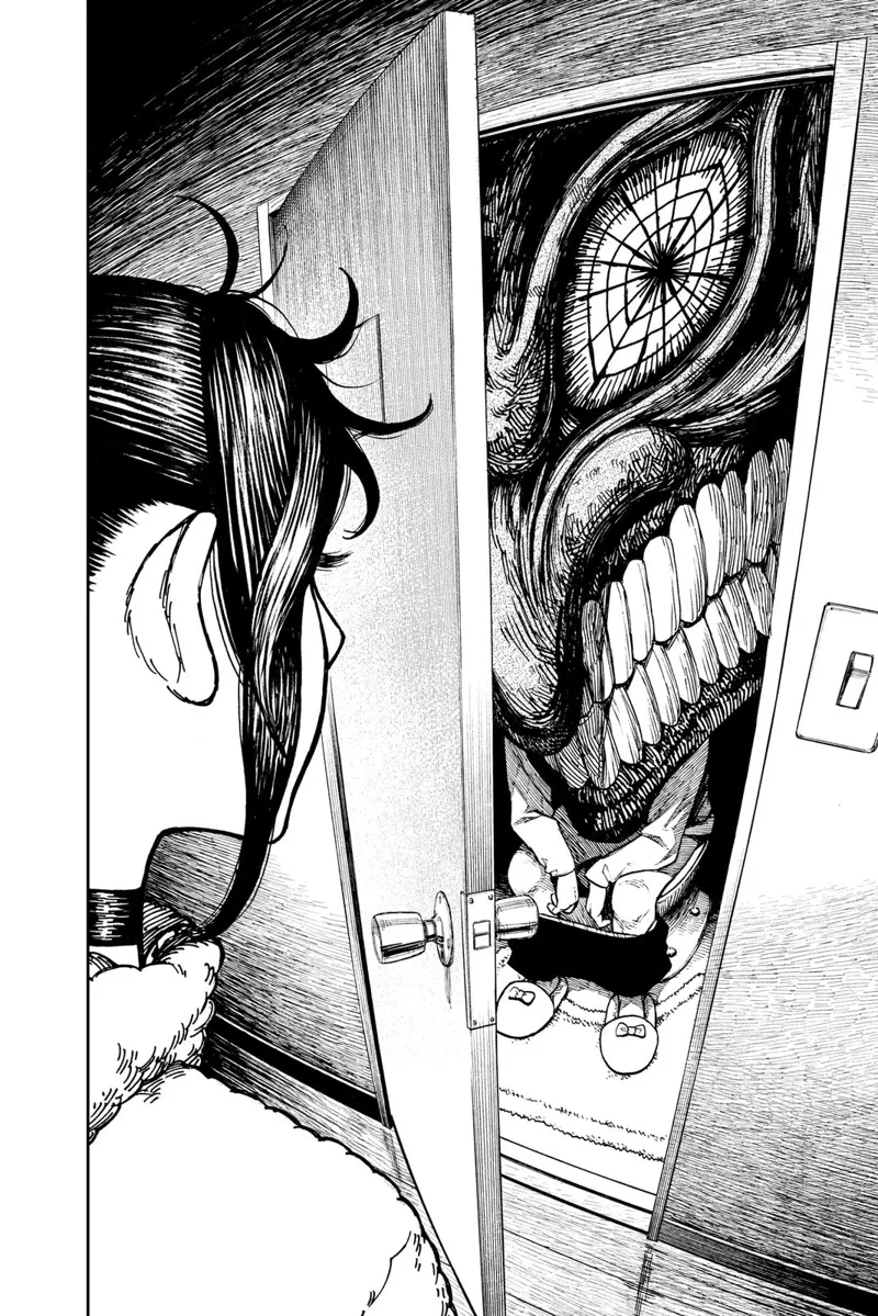 Suddenly, Okarun transforms into cursed Okarun with an ugly head while pooping inside the toilet.