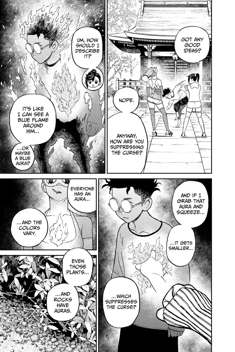 Ayase says he can see a blue flame or aura around Okarun and that she can control it.