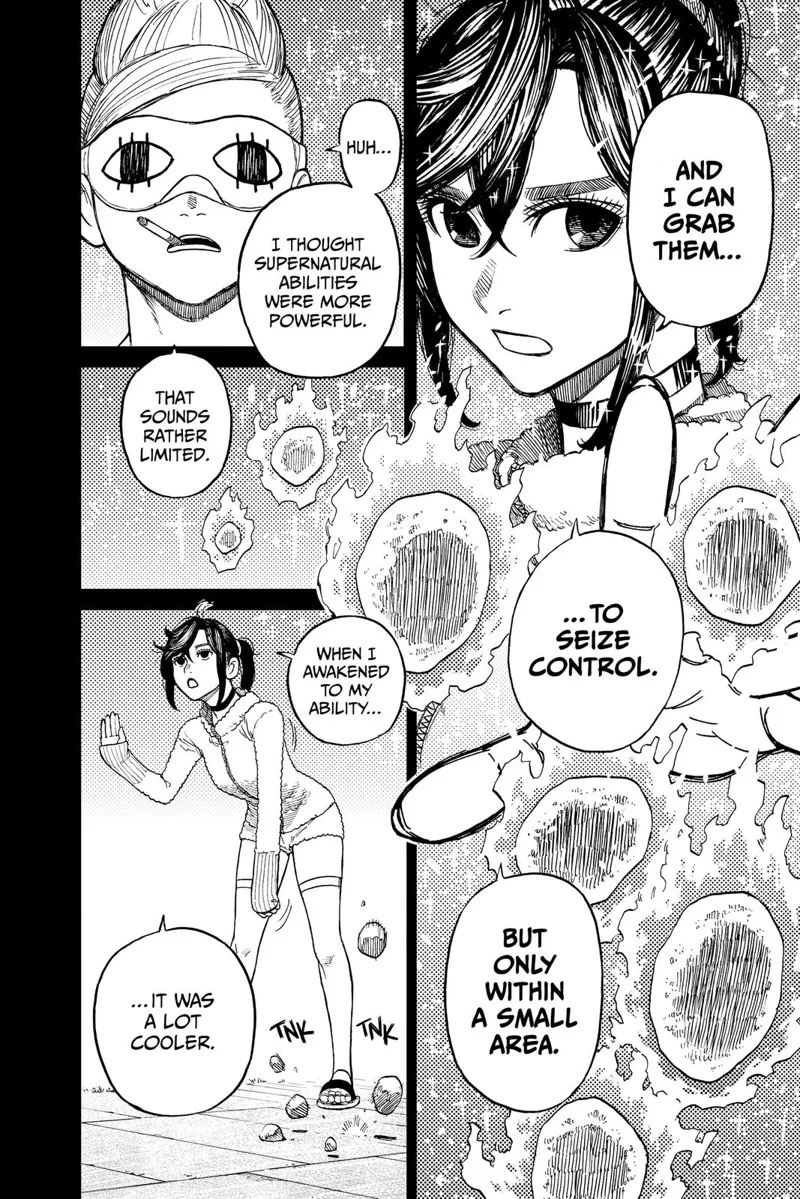 Okarun says she can grab the blue flames and seize control of them. Granny says her powers seem limited.