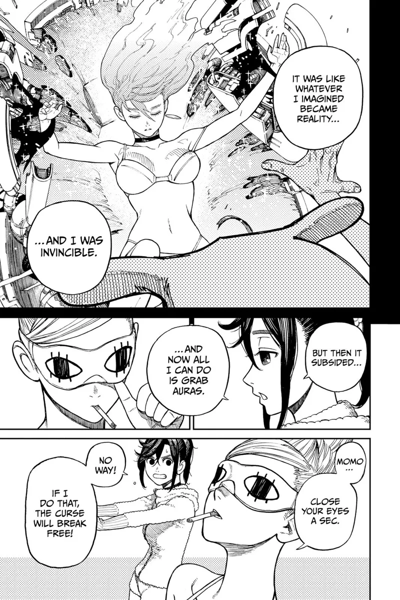 Momo imagines the time when she released her powers back in the Serpoian's lab. Grandma tells her to close her eyes.