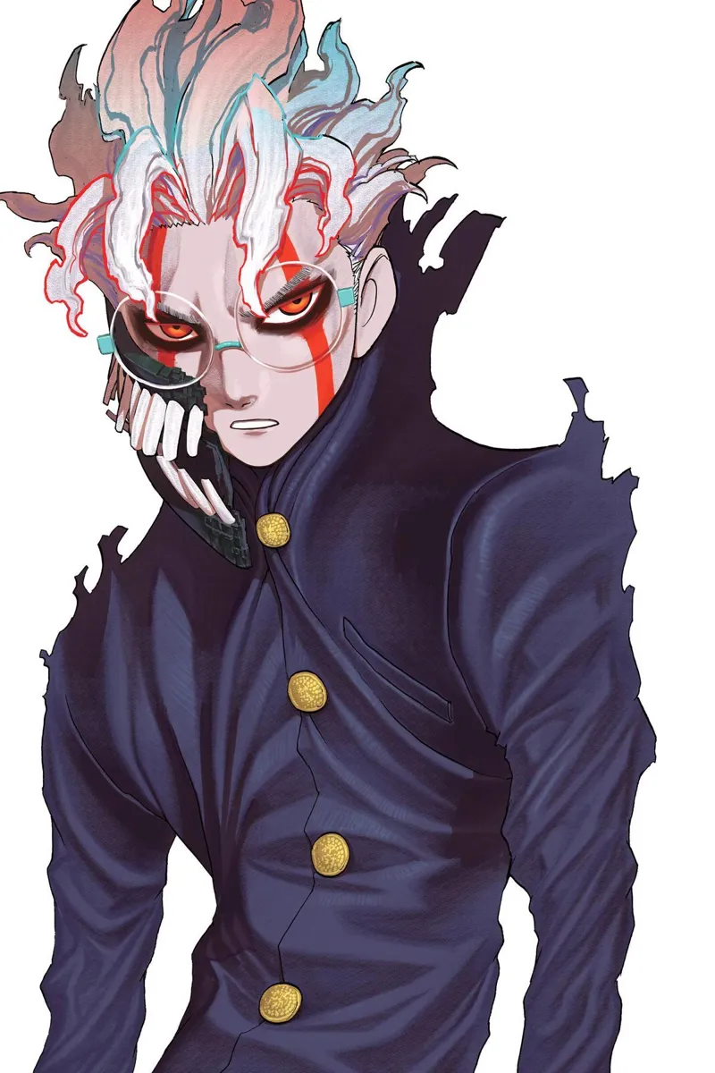 Colored image of Okarun in cursed form with white background.