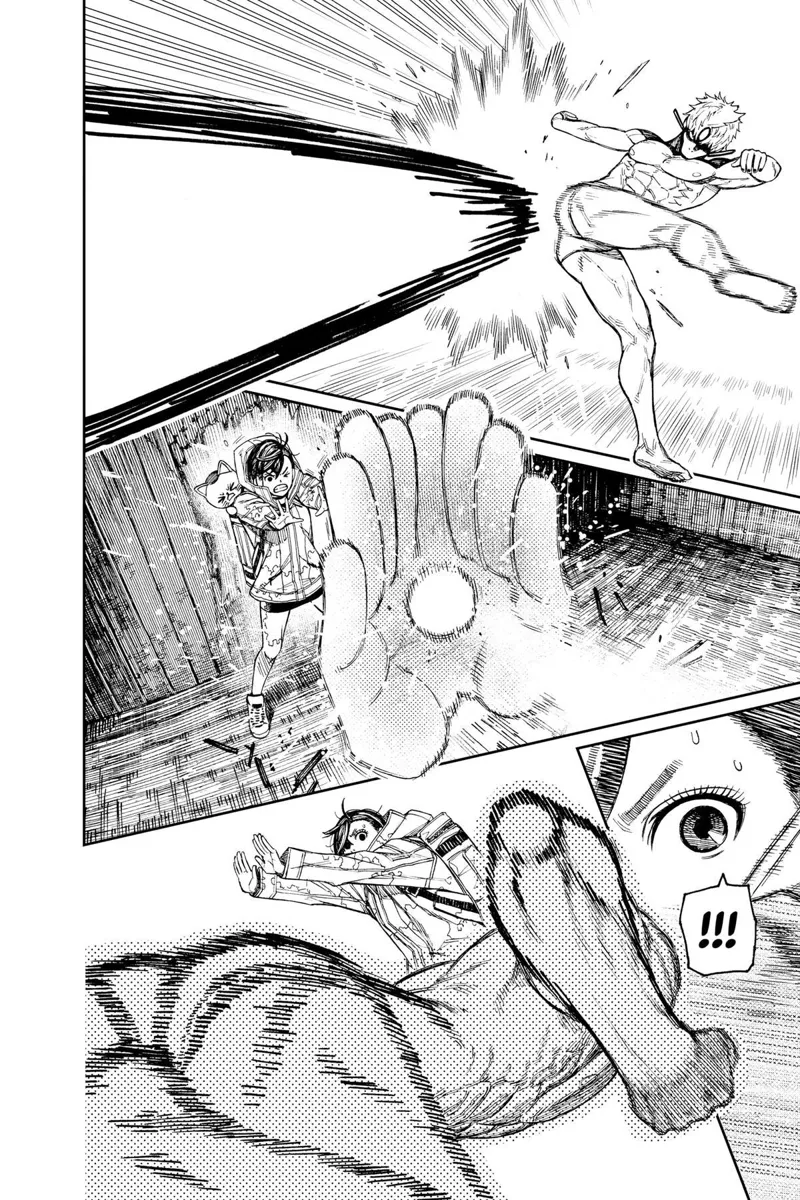 Jiji kicks the energy ball to Momo, who blocks it with telekinetic arms. Jiji swiftly moves to Momo's side to punch her.