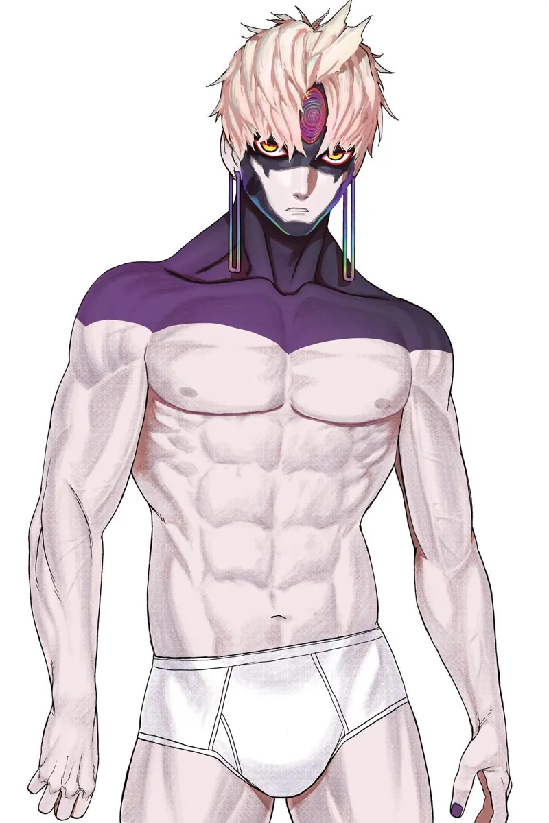 Colored image of Jiji in cursed form only wearing an underwear with white background.