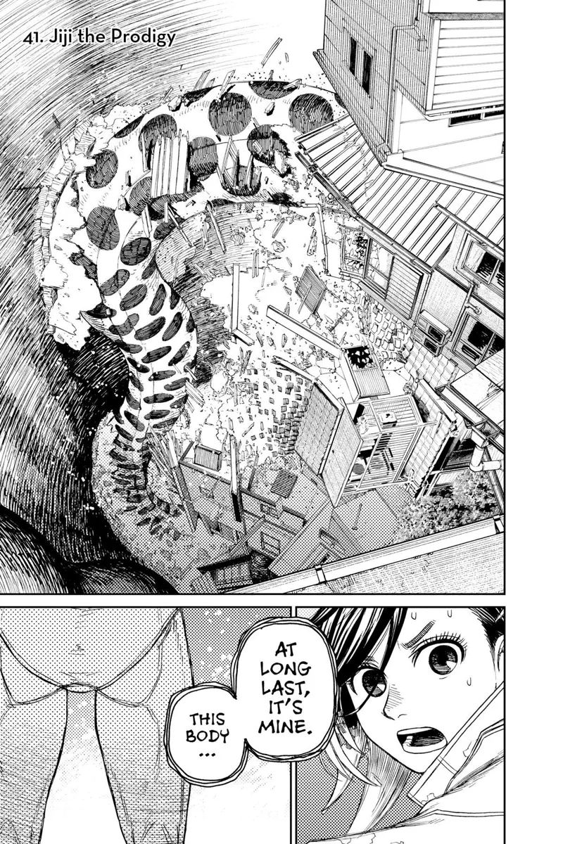 The huge snake monster smashes on the wall. Momo sees Jiji.